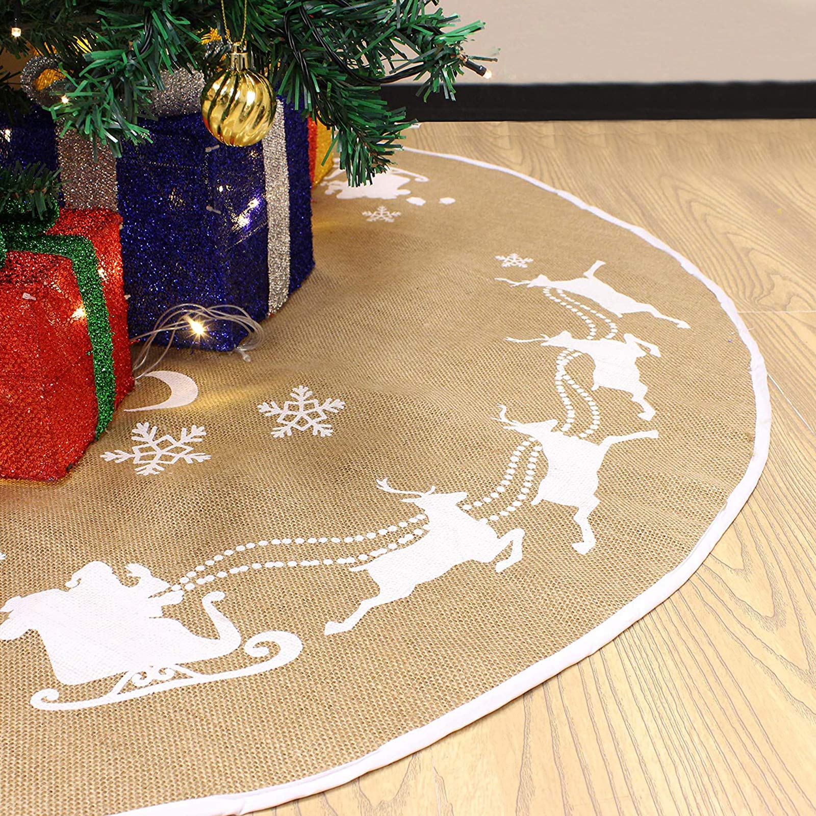 JOYIN Christmas Tree Skirt 48inch, Santa, Snowflake Sleigh Pattern Burlap Tree Skirt for Xmas Decor Festival Holiday Decorations Indoor Outdoor