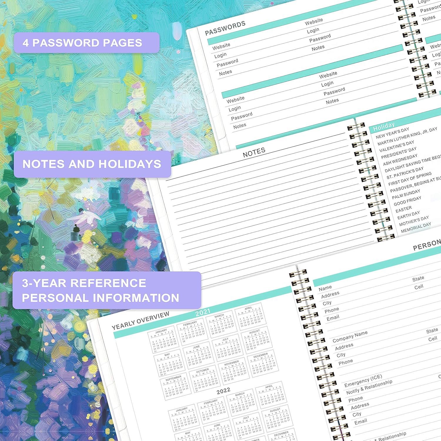 2021-2022 Monthly Planner/Calendar - 18-Month Planner with Tabs & Pocket, Contacts and Passwords, 8.5" x 11", Thick Paper, Jul. 2021 - Dec. 2022, Twin-Wire Binding - Oil Painting : Office Products
