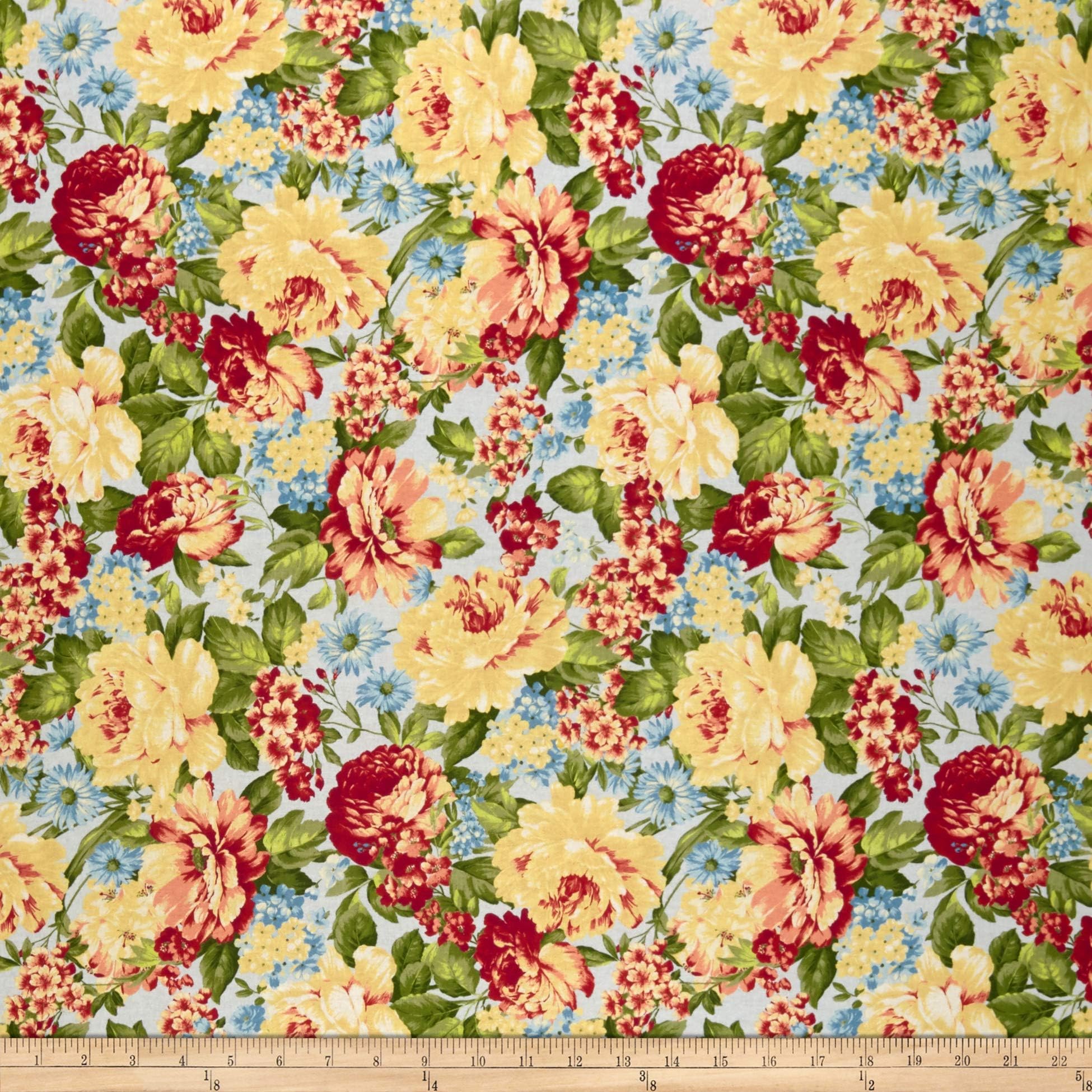 Santee Print Works Romantique Digital Print Floral Fabric, Blue/Red/Yellow, Fabric By The Yard