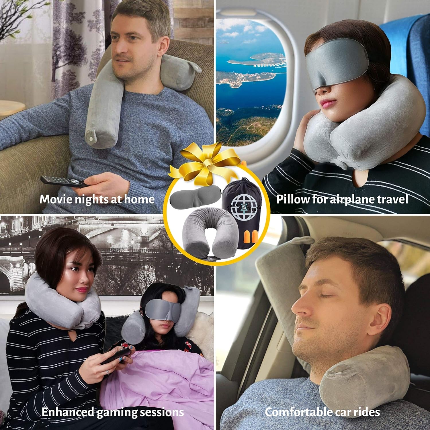 Travel Pillow - Twist, Memory Foam Travel Pillow - Head, Chin, Neck Support Flight Pillow - Best for Long Travels on Airplane, Car, Bus or Home - Complete Set with Sleep Mask, Earplugs and Storage Bag: Home & Kitchen