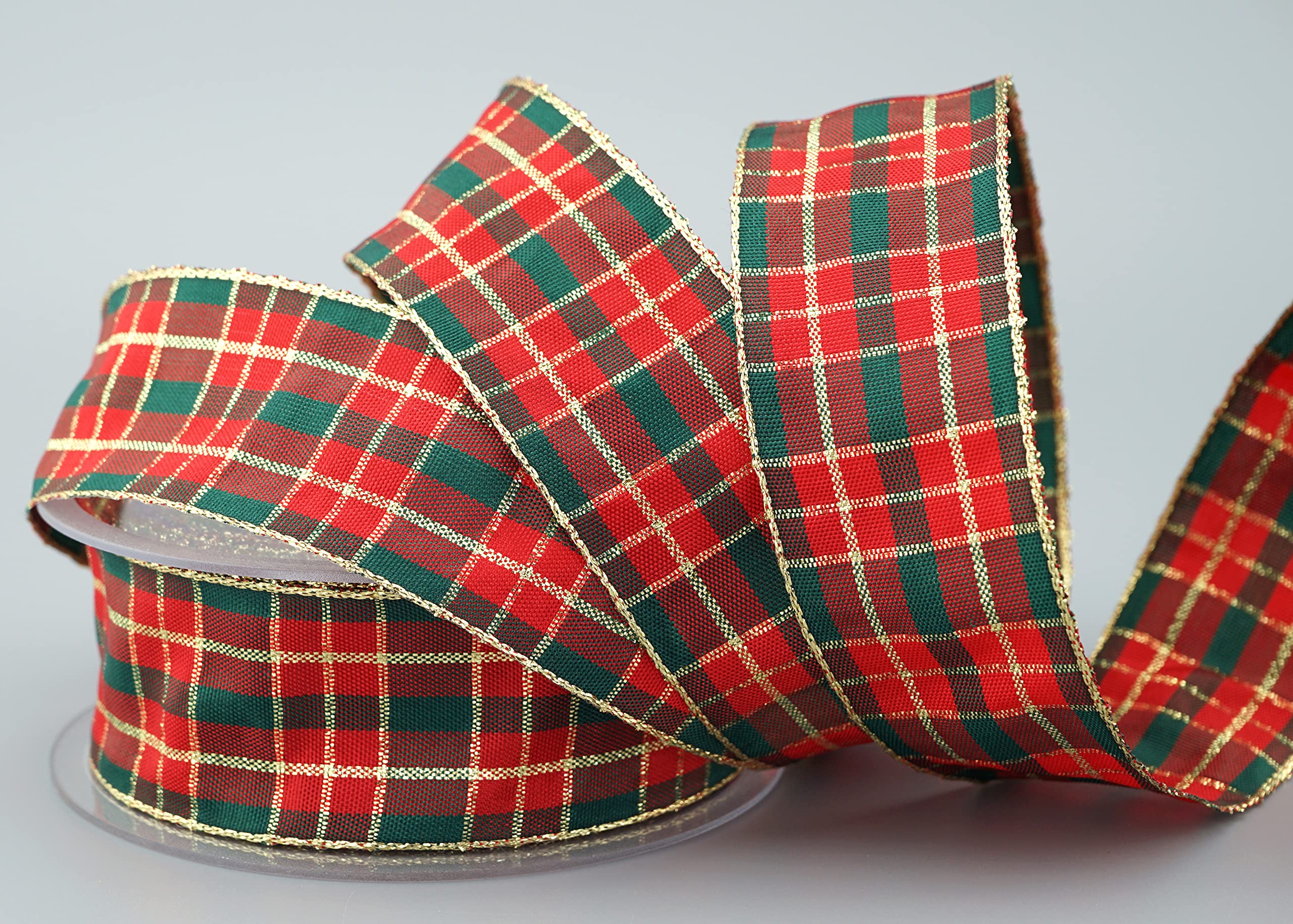 finemark 20 m x 40 mm Checked Christmas Ribbon Green Red Gold (123) with Lurex Wire Edge Tape Decorative Ribbon Gift Ribbon Tartan Check Shiny Ribbon Gold Edge Wire Ribbon Winter Christmas Check