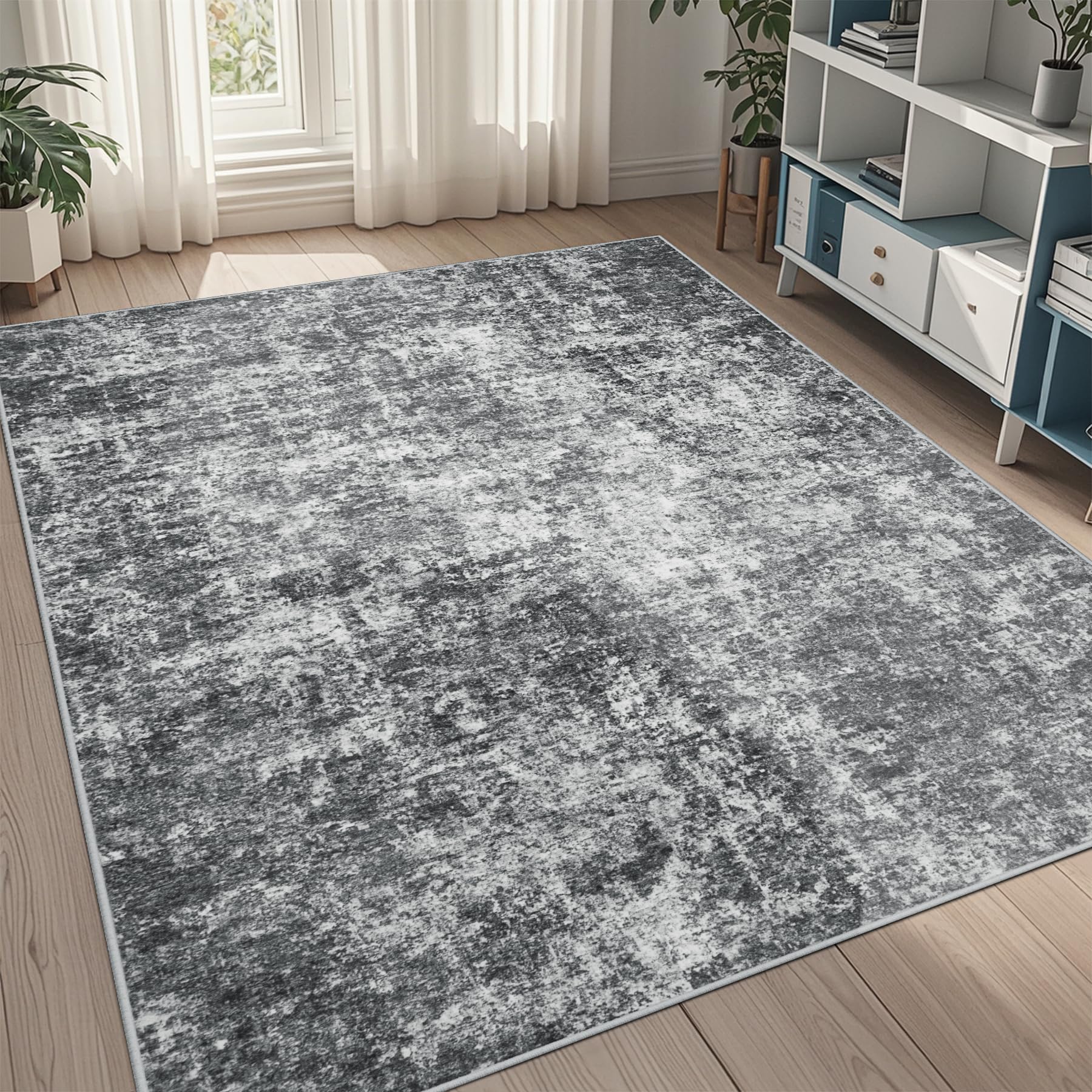 5x7 Area Rugs for Living Room Rug Washable: Abstract Rug for Dining Room Bedroom Carpet Non Slip 5 by 7 Indoor Modern Nursery Home Office Black Grey Image