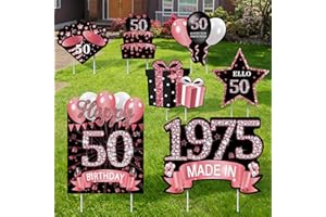 MOORAY 7Pcs Rose Gold 50th Birthday Yard Sign Decorations for Women,Happy 50th Birthday Made in 1975 Lawn Sign Party Supplies,Fifty Year Old Birthday Outdoor Yard Decor with Stakes