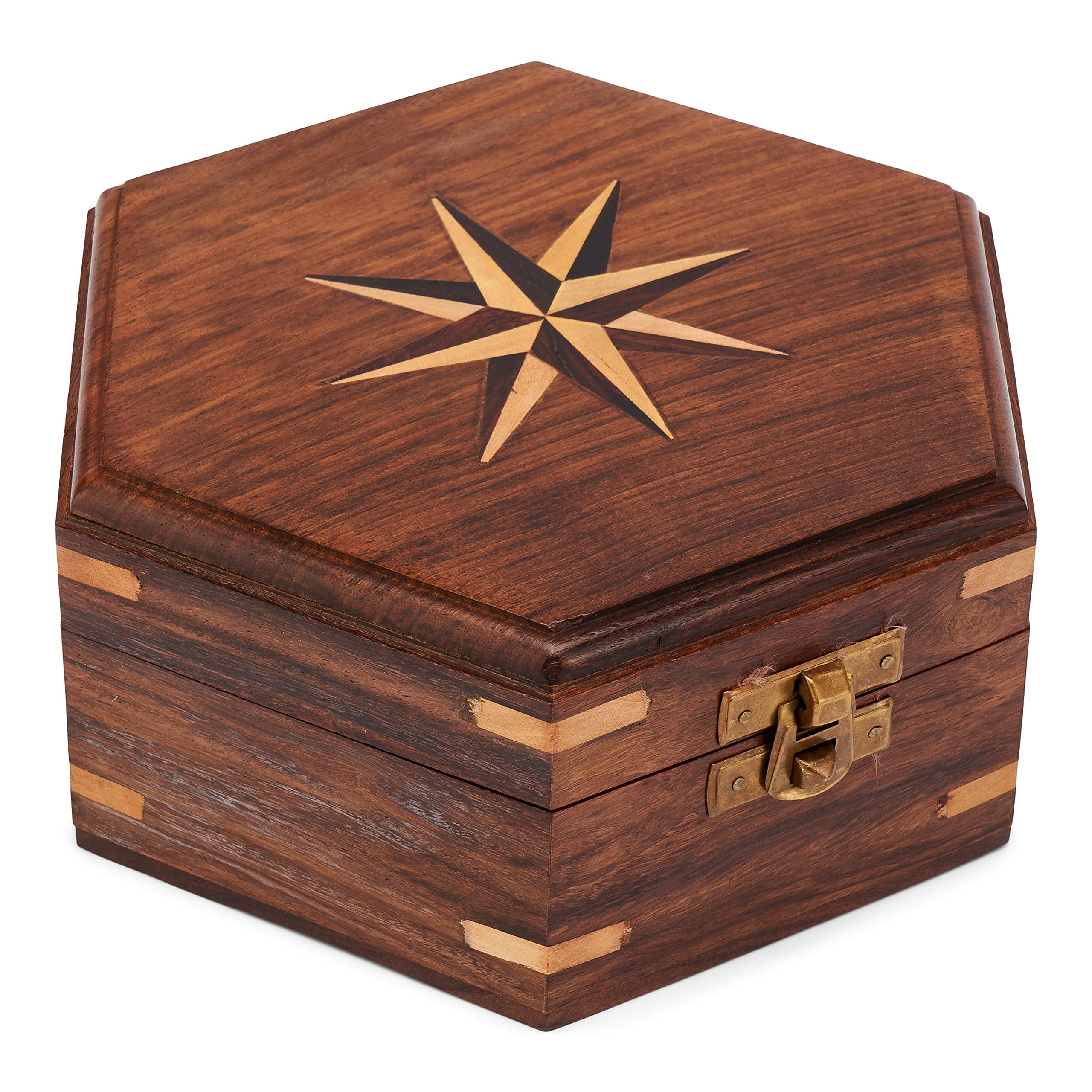 NKlaus 16 x 14 x 7 cm Maritime Wooden Box Hexagonal with Elaborate Wind Rose Inlay Pattern Made of Wood and Brass Clasp 11637