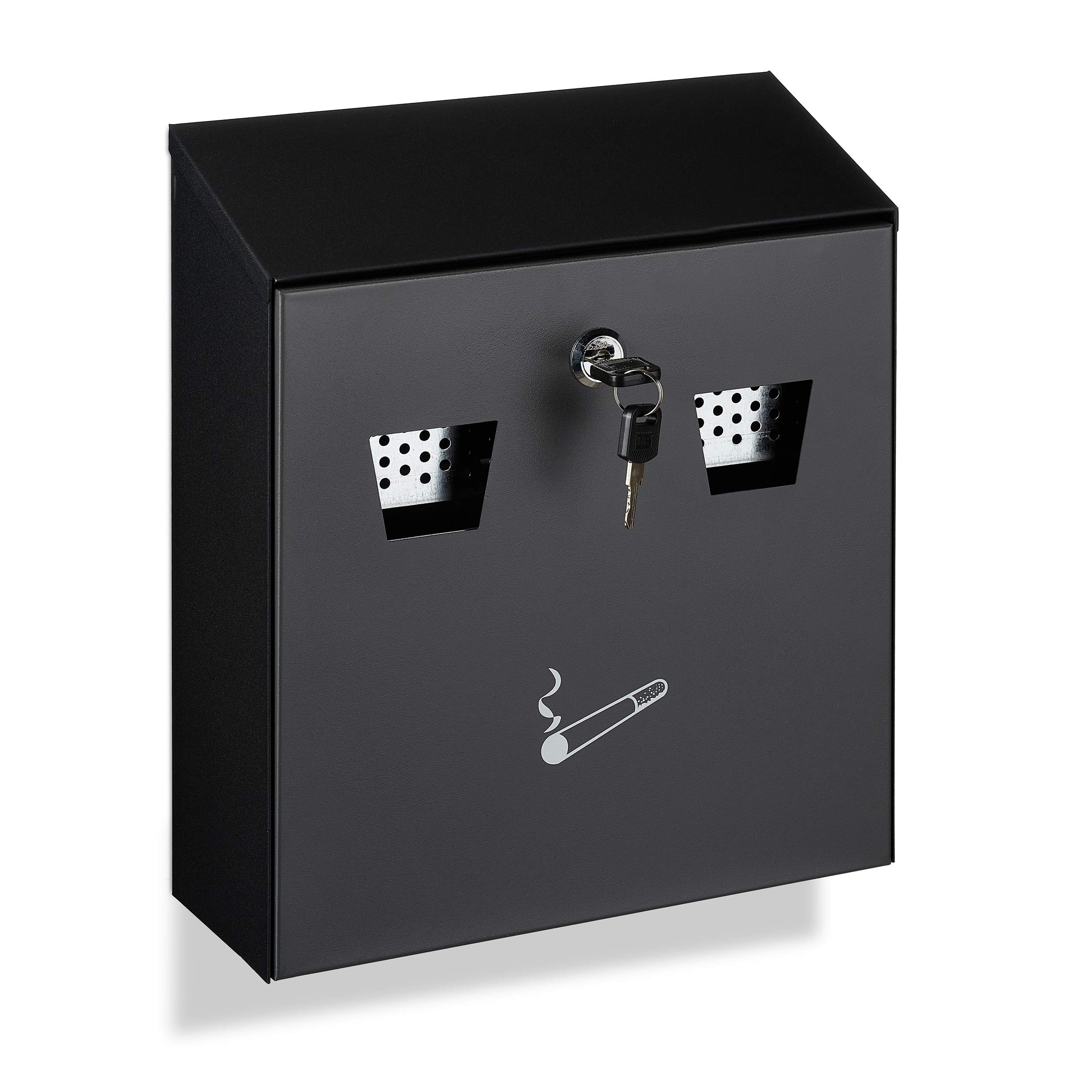 Relaxdays Wall-Mounted Ashtray for Outside, Weatherproof, Lockable, with Mounting Material & Keys, 30x26x10 cm, Black
