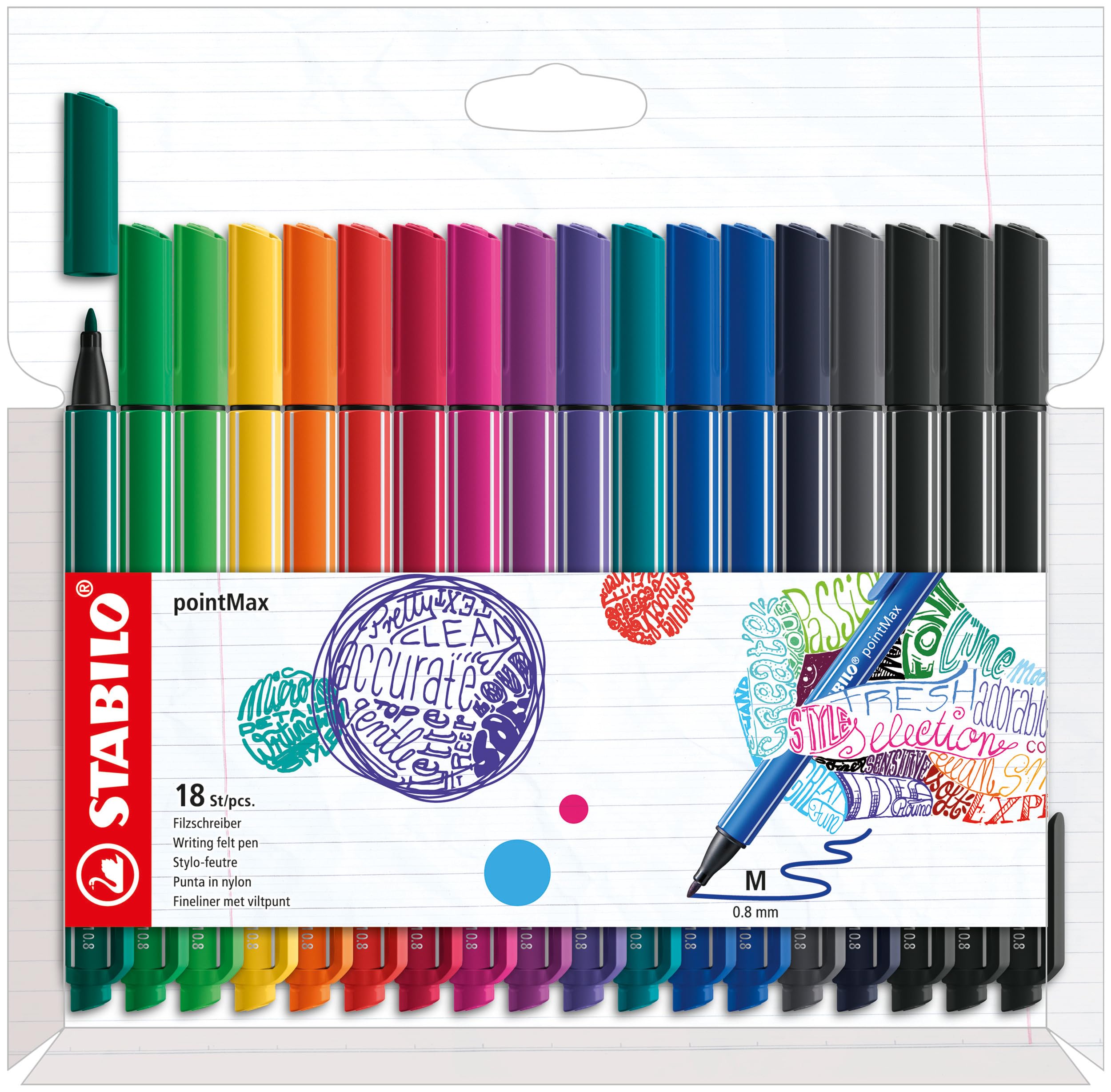STABILO Nylon Tip Writing Pen - PointMax - Wallet - Writing Dedicated, Assorted Colours, Pack of 18