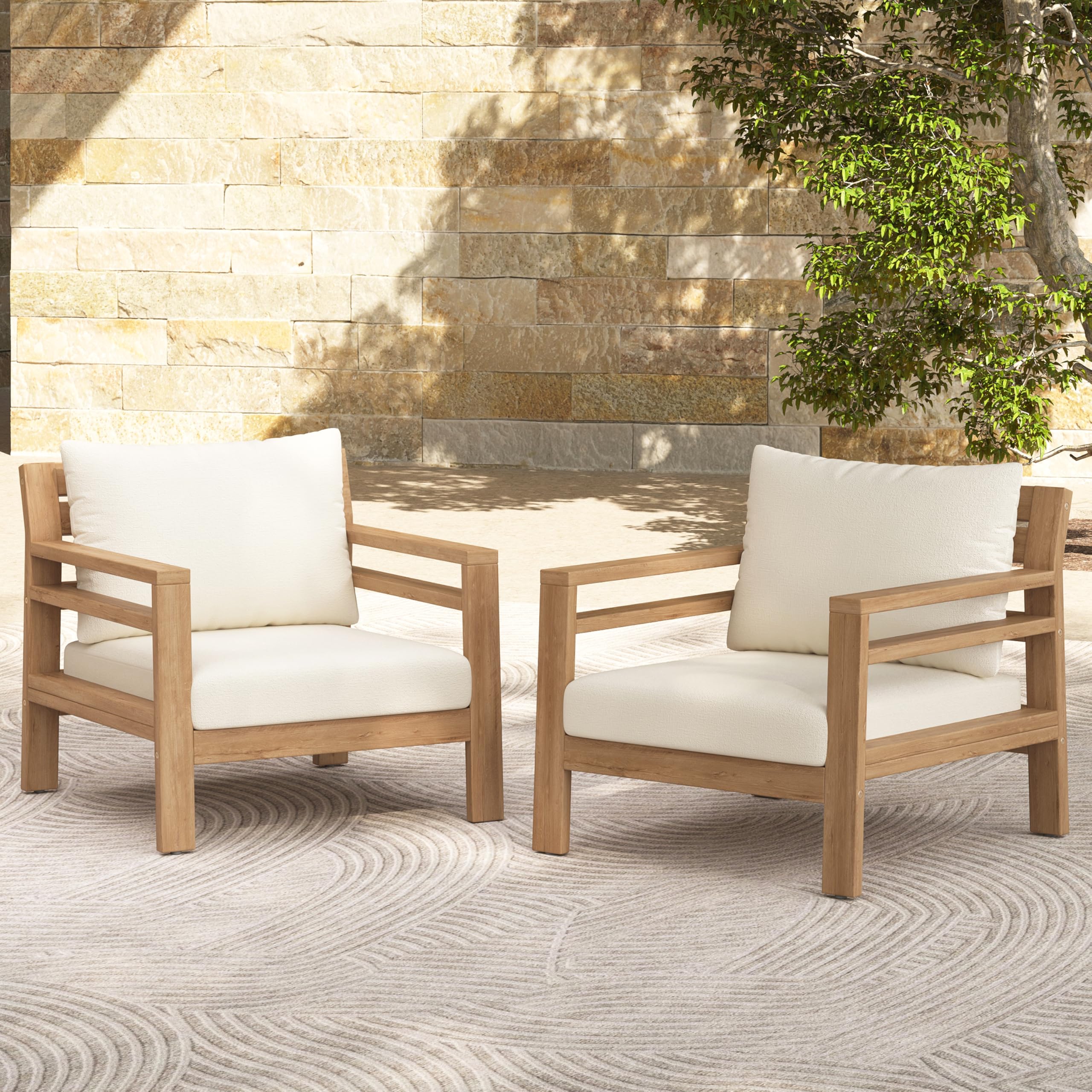 Photo 1 of ***PARTIAL SET/ ONLY 1 CHAIR*** Merax Outdoor Acacia Wood Club Chairs with Beige Cushions (Set of 2), Light Teak Finish Armchair for Garden, Porch, Backyard, Balcony