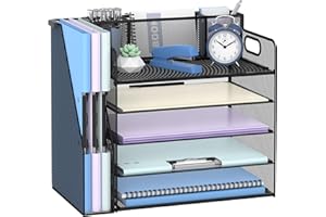 SUPEASY Desk Organizer with File Holder, 5 Tier Desktop File Organizer with 3 Pen Holders, Paper Letter Tray for Office Home 