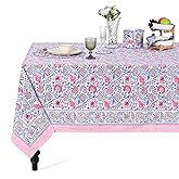 Ridhi - Hand Block Print Cotton Cloth Dinning Table Cover Wedding Farmhouse Thanks Giving Christmas Spring Tablecloth (Pigeon Blue and Flamingo Pink, 4 Seater 60x60 Inches)