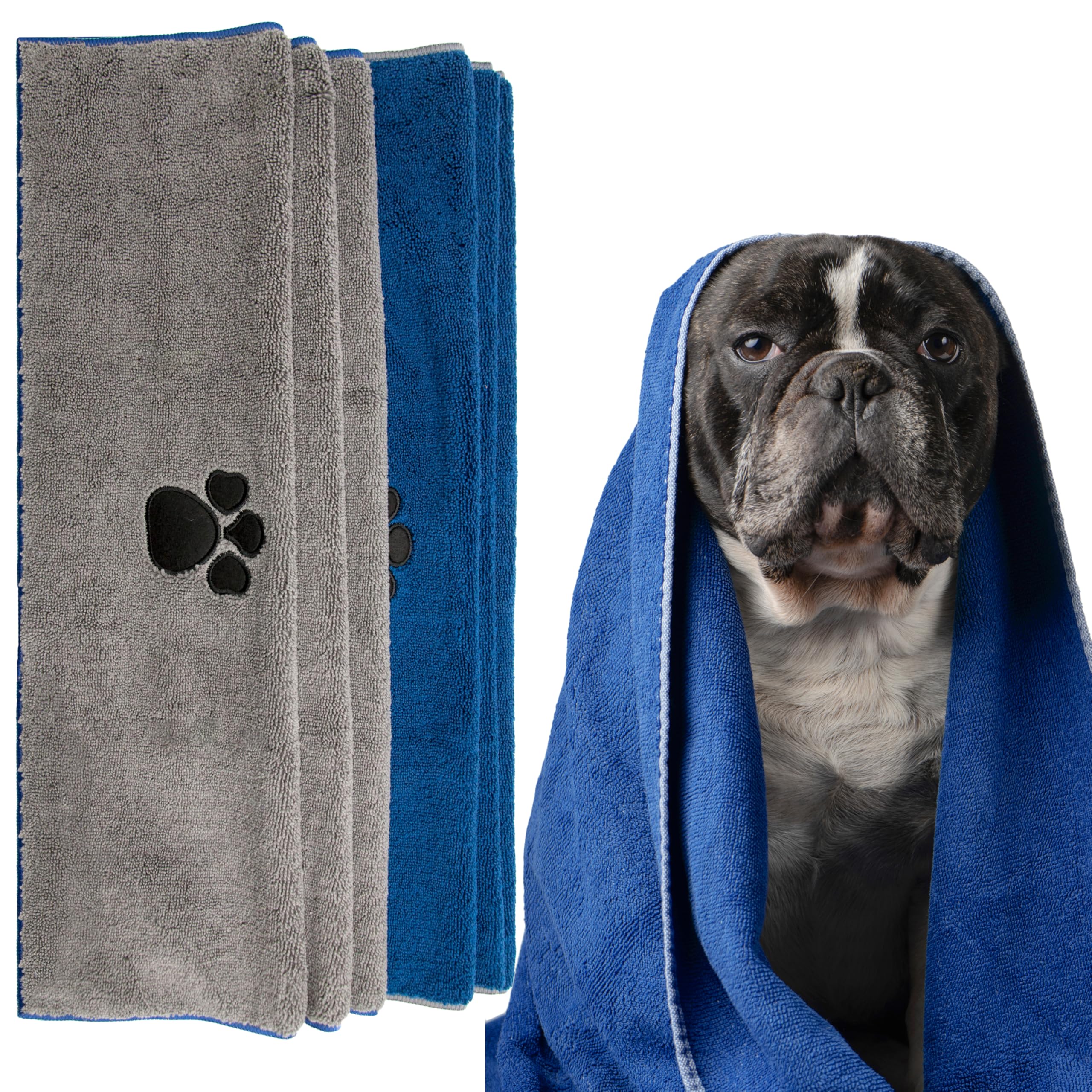 SUPER ABSORBENT Soft Microfiber Dog & Cat Towel - Fast Drying Dog Wash Pet Towels, Bath Accessories, Nail Paw Cleaner (Blue/Grey, 100x60cm, Pack of 1)