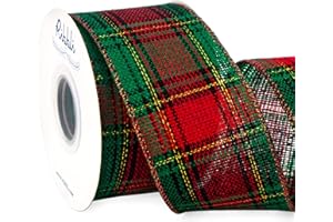 Ribbli Christmas Plaid Wired Ribbon, Red and Green Plaid with Gold Metallic, 2-1/2 Inch x 10 Yard, Christmas Ribbon for Big Bow, Wreath,Tree Decoration, Red/Green/Black/Gold