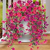 Artificial Fake Hanging Flowers Plants for Outdoor Outside Spring Summer Decoration 2PCS Faux Silk UV Resistant Realistic Morning Glory with Eucalyptus for Home Porch Patio Balcony(Magenta & Hot pink)