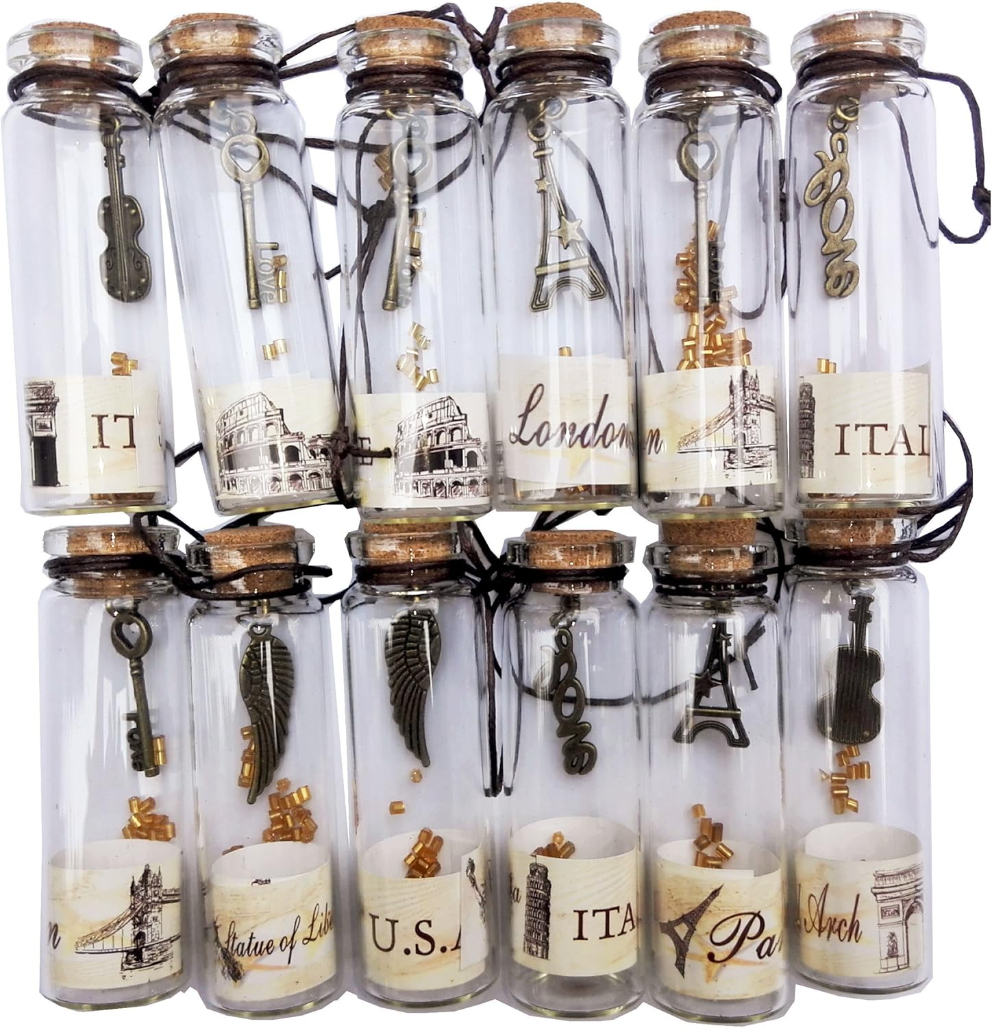 Nesting Nomad Small Transparent Mini Glass Jars with Cork Stopper and with Inside Steam Punk Pendants