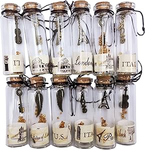 Nesting Nomad Small Transparent Mini Glass Jars with Cork Stopper and with Inside Steam Punk Pendants