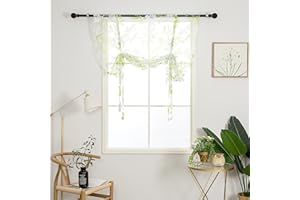 SMITHOOM 1 Piece Sheer Roman Curtain Rod Pocket Camellia Flower Print Tie Up Voile Ballon Shade for Kitchen Bathroom Living Room Door Window Decoration, Green, 39x55inch