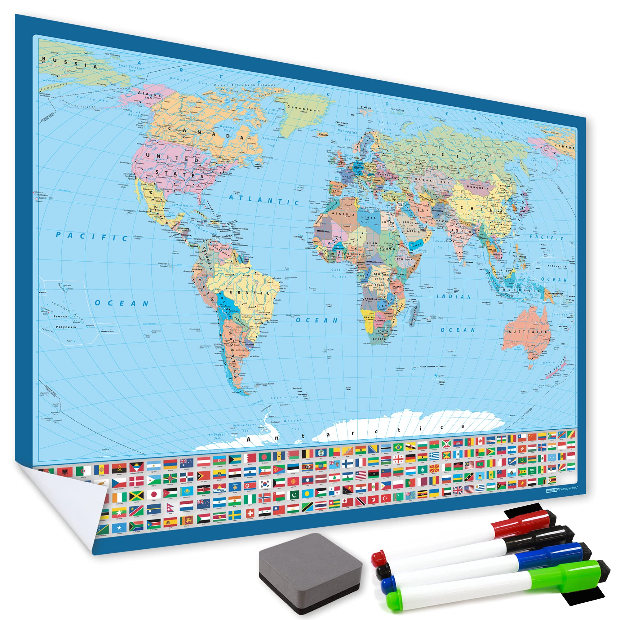 WallTAC ReAdhesive Dry Wipe World Map - Large Educational Poster With A Tear Free, Dry Erase Finish With Flags Of The World - With 4 Whiteboard Pens and Magnetic Eraser (A1, Standard World Map)
