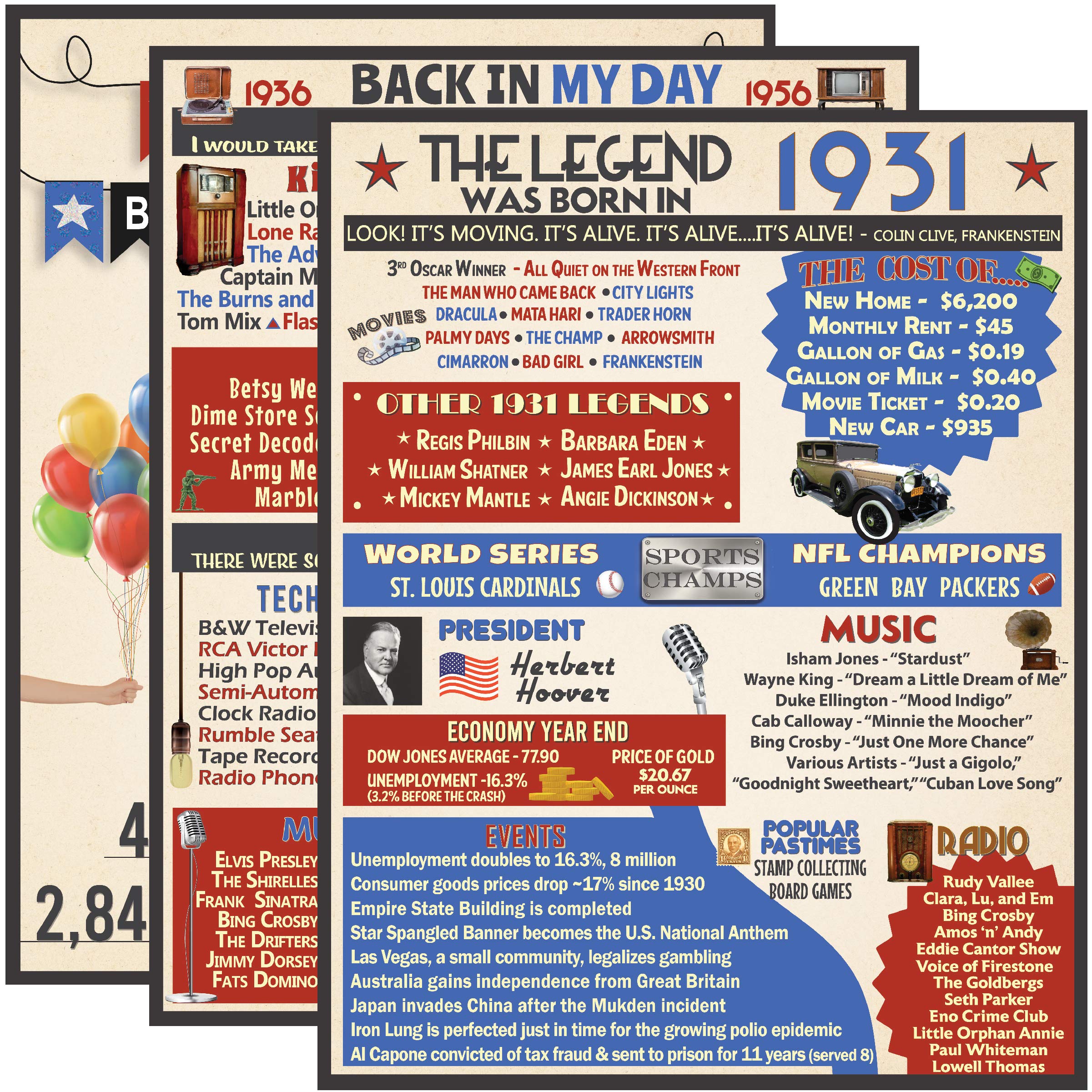 VAPARA DESIGNS 90th Birthday Decorations - 3 Pack of Fun, Artistic 11x14 Birthday Posters - 90th Birthday Gifts for Women and Men - 1931 Birthday Poster