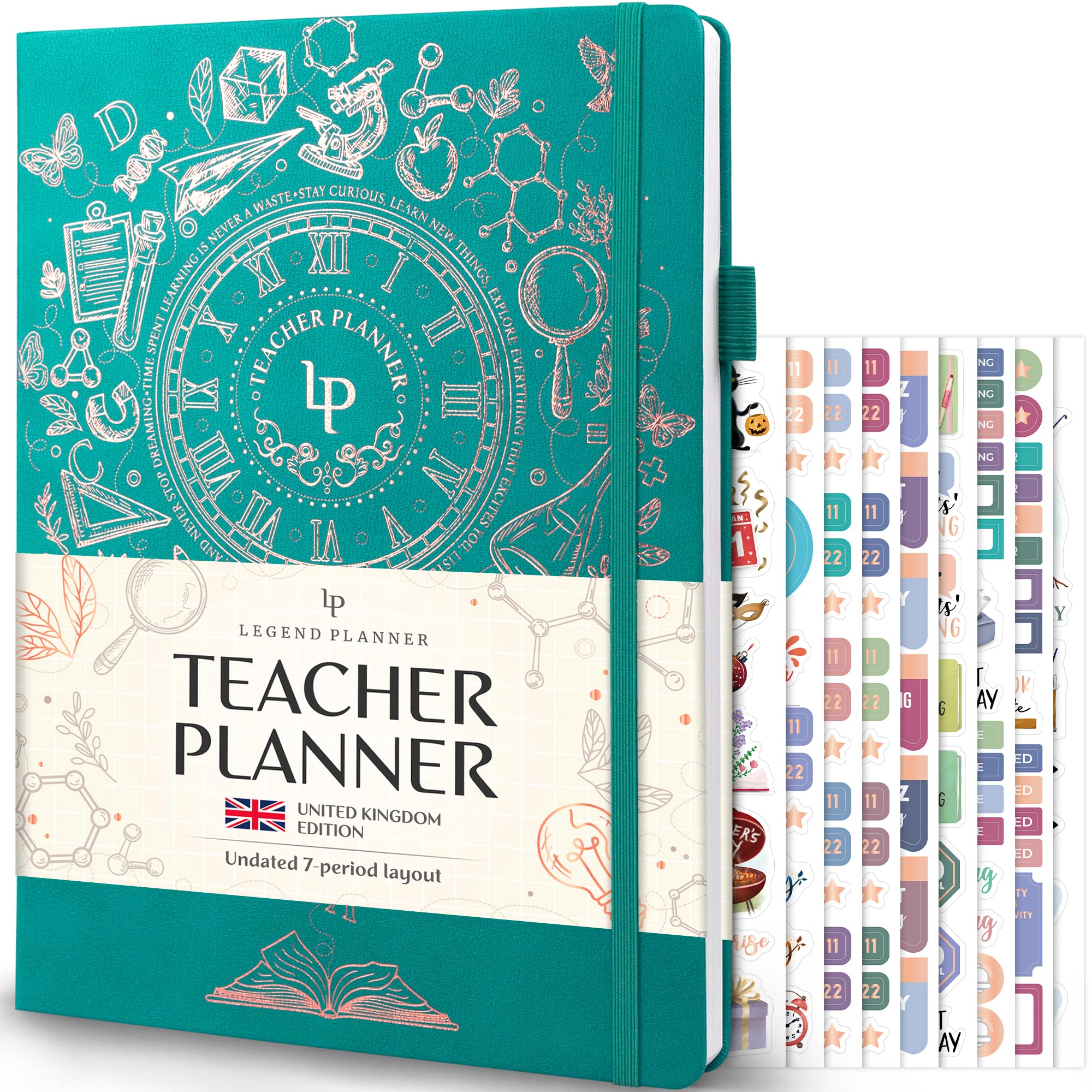 Legend Teacher Planner UK Edition – Undated Lesson Plan Book for Teachers with Weekly & Monthly Calendars - Classroom Organization & School Year Planner – 21.5 x 28cm Hardcover (Viridian Green Gold)