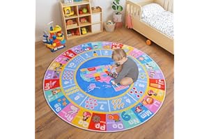 OHDS Kids Rugs for Playroom - Soft & Non-Slip 6x6 Feet Round Educational Rug for Learning ABC Alphabet, Numbers, Shapes & Map, Washable Classroom Rug for Toddler Nursery & Kids Room Decor