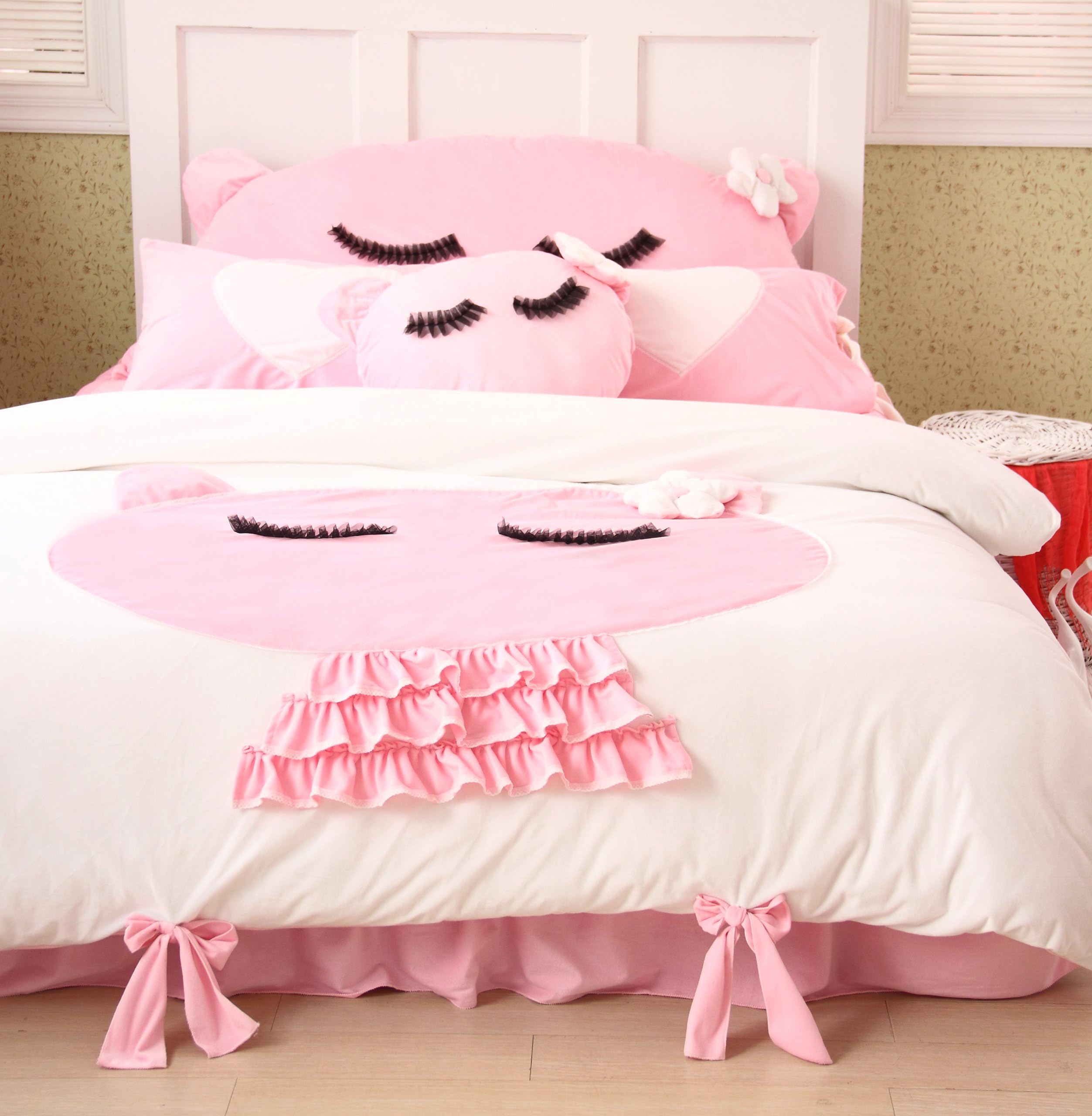 DIAIDI Home Textile,Cute Cat Bedding Set,Girls Polka Dot Bedding Set Queen Twin