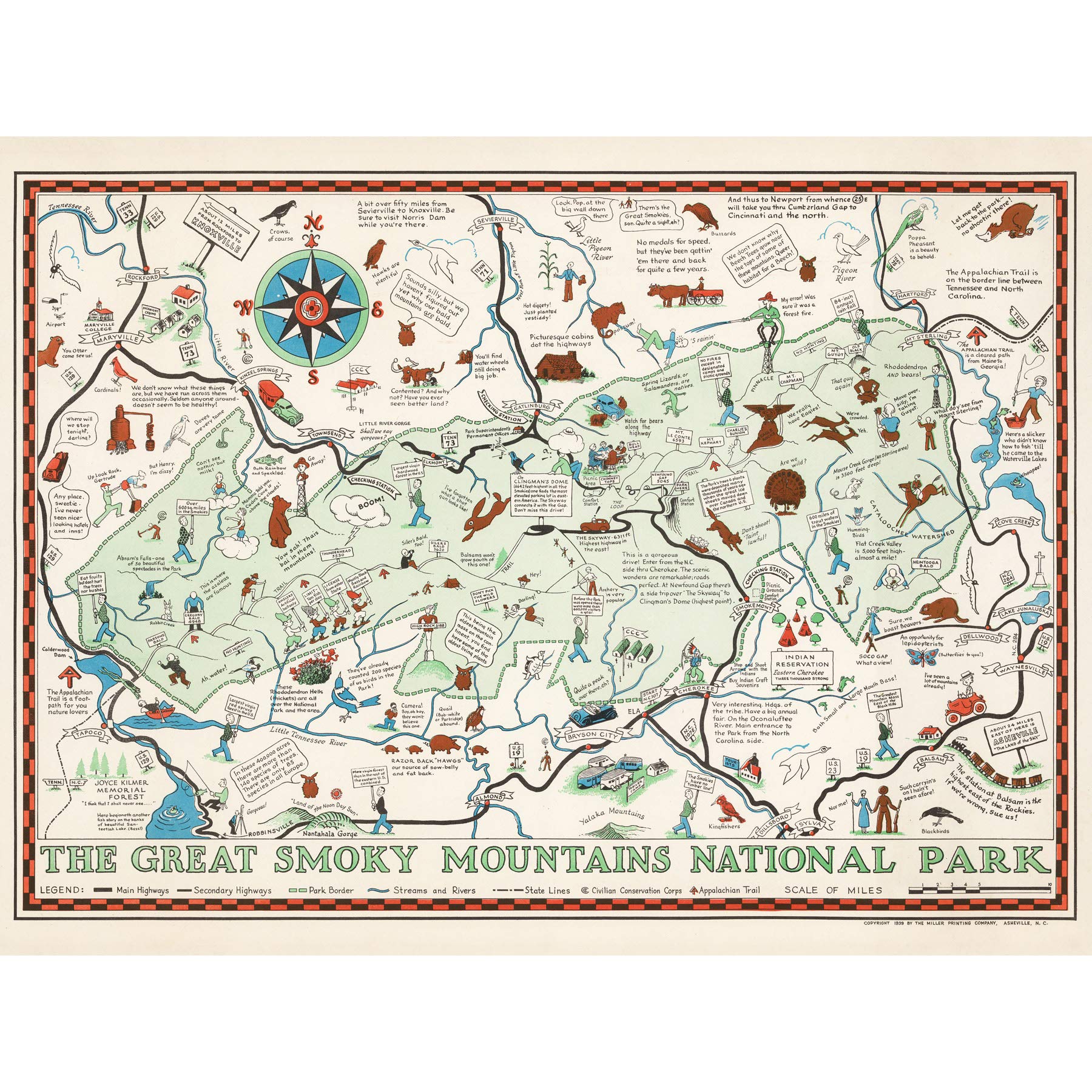 Artery8 Map Miller 1939 Smoky Mountains National Park Premium Wall Art Canvas Print 18X24 Inch