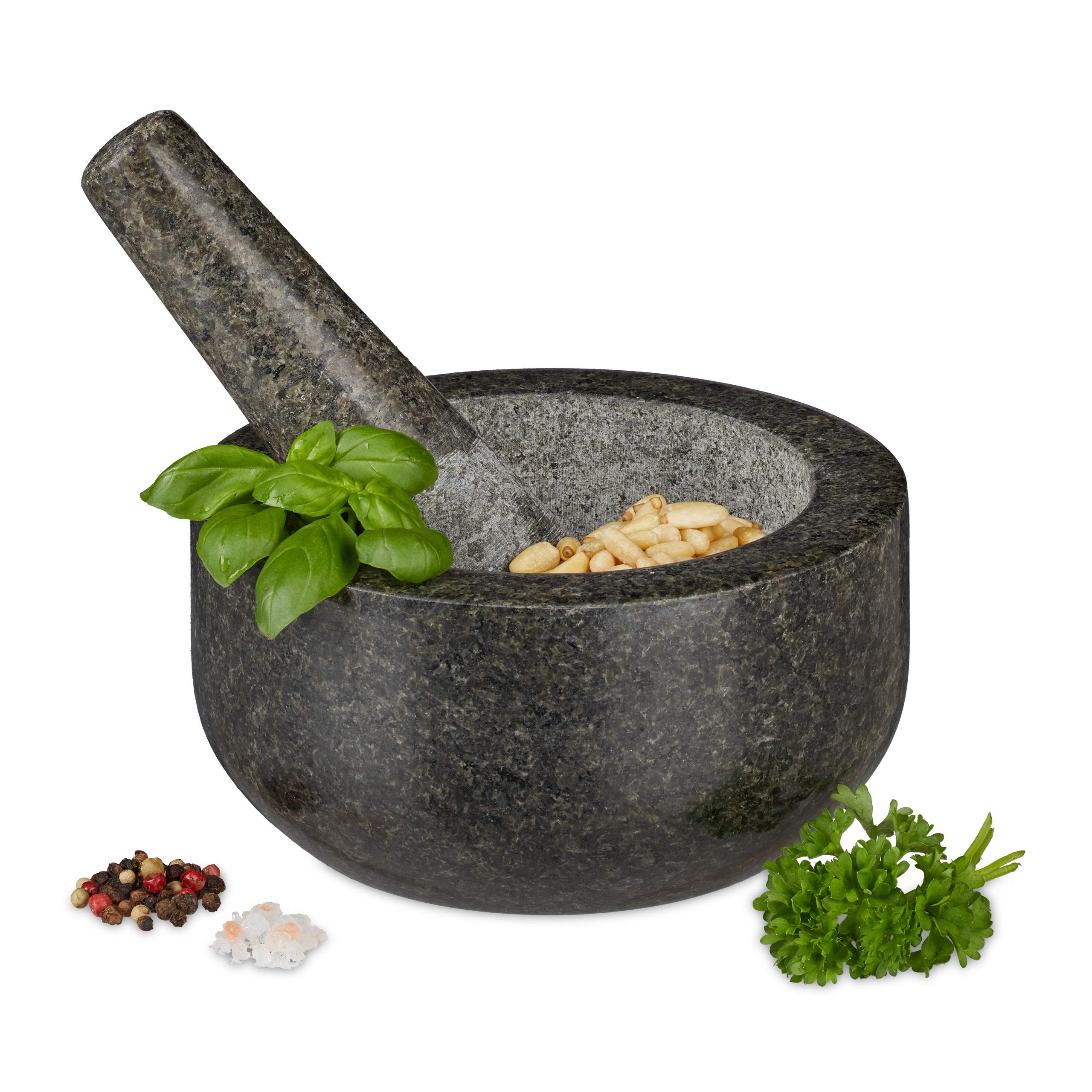 Relaxdays Mortar with Pestle, Spices, Herbs, Polished Stone Mortar, Ø 16 cm, Vol. 400 ml, Granite, Grey