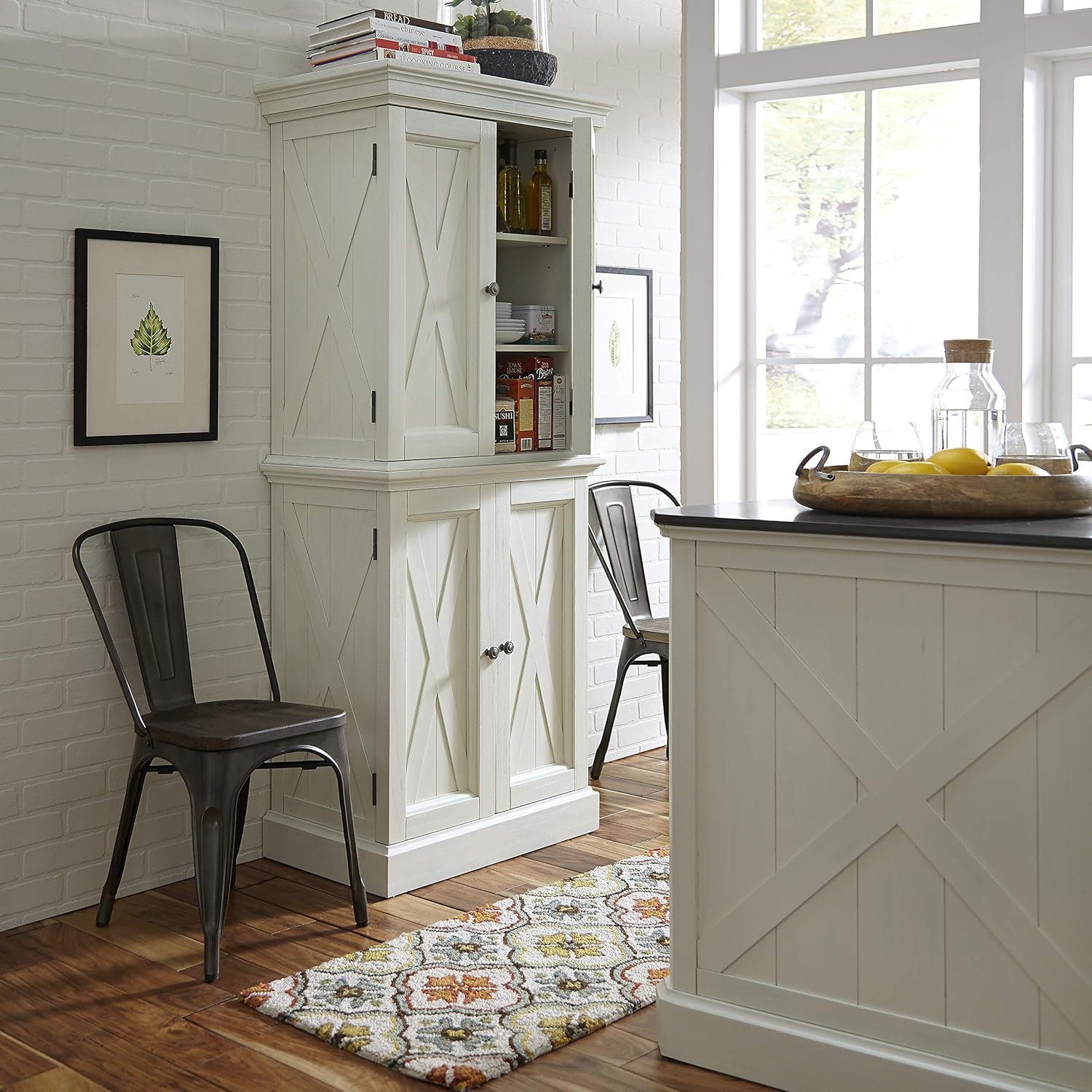 Home Styles Seaside Lodge Hand Rubbed White Kitchen Pantry with Two Upper and Two Lower Storage Cabinets: Furniture & Decor