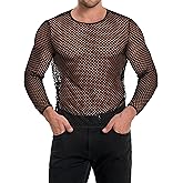 Men's Mesh Fishnet Top Long Sleeve Sheer See Through T Shirt Fitted Muscle Blouse Clubwear