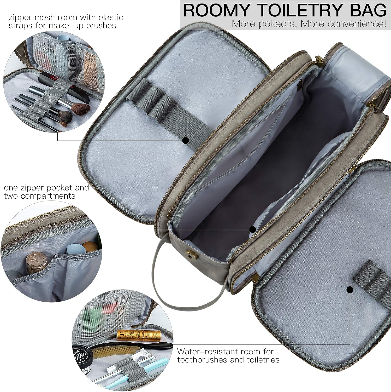 Water-Resistant Leather Toiletry Bag for Men Women Large Travel Wash Bag Shaving Dopp Kit Bathroom Gym Toiletries Makeup Organizer with Free Wet Dry Bag (Grey) - Image 3