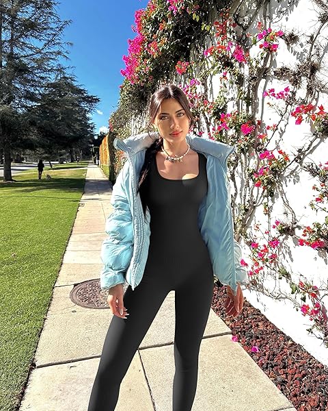 TOB WOMEN YOGA JUMPSUITS WORKOUT RIBBED LONG SLEEVE SQUARE NECK SPORT JUMPSUITS BLACK