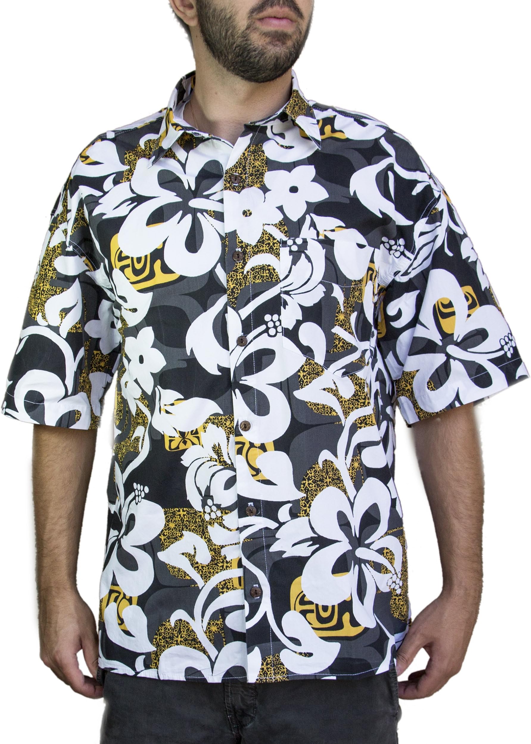 Kona Apparel USA Classic Hibiscus Print Hawaiian Shirt X-Large Black Lava/Yellow