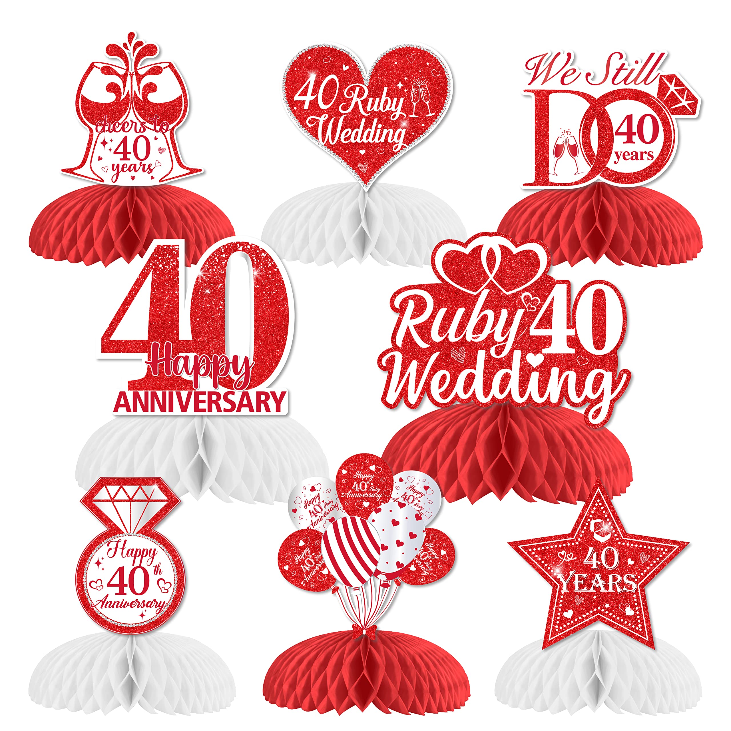 Fangleland 8Pcs Ruby Wedding Anniversary Table Decorations, Honeycomb Centerpieces Table Toppers Cheers to 40th Wedding Anniversary Honeycomb Table Topper for Happy Anniversary Decorations Romantic