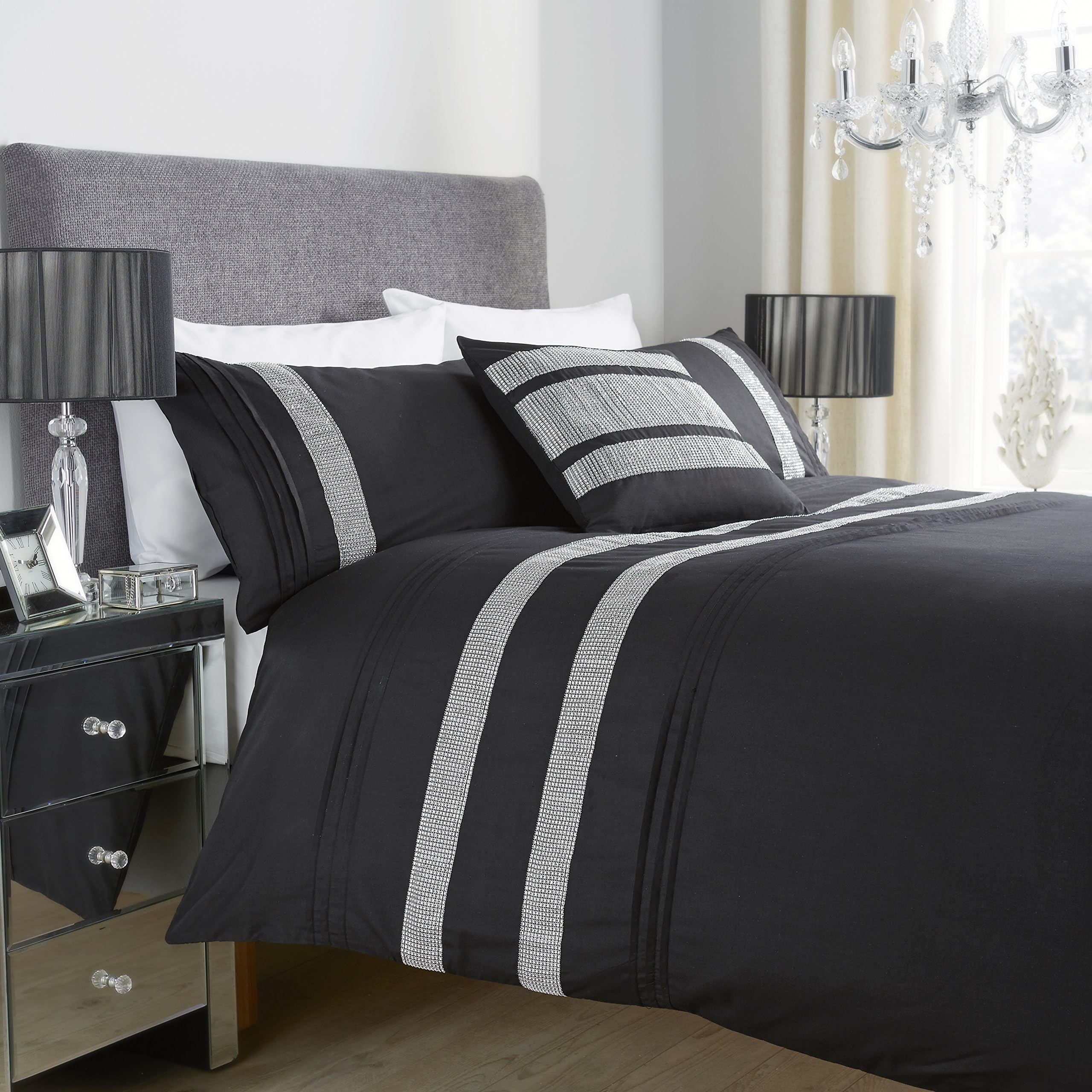 Duvet Cover with pilowcases New Bedding Set (Glitz Black, Double)