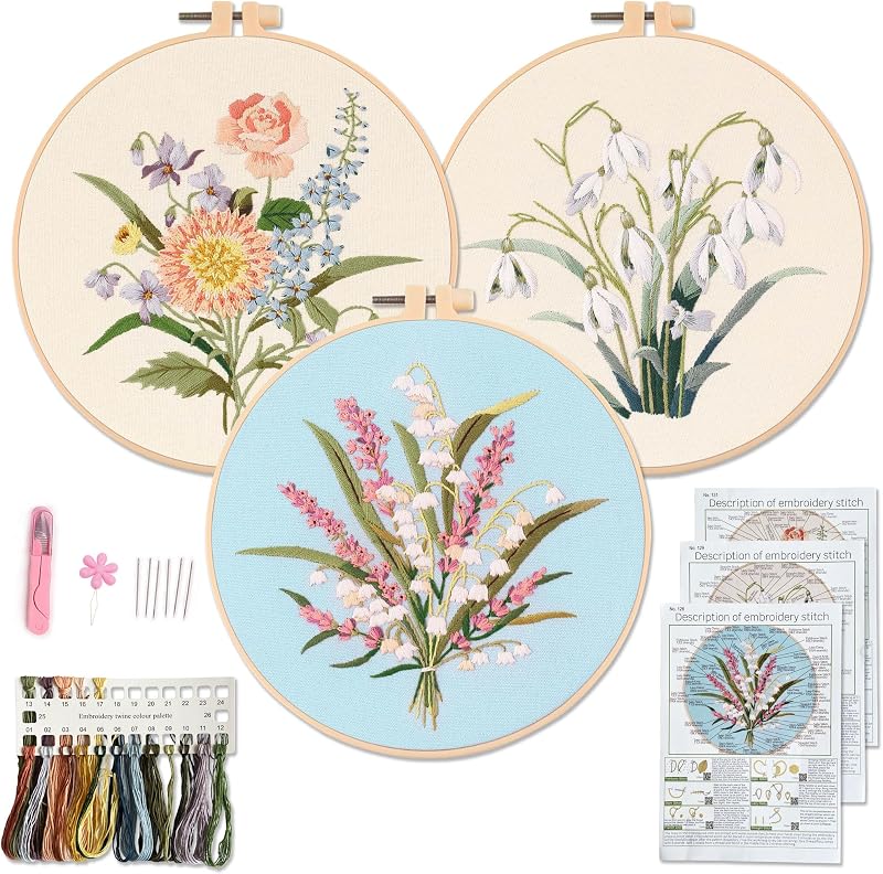 Myfelicity Embroidery Kit for Adults and Beginners with 3 Floral Pattern Fabrics