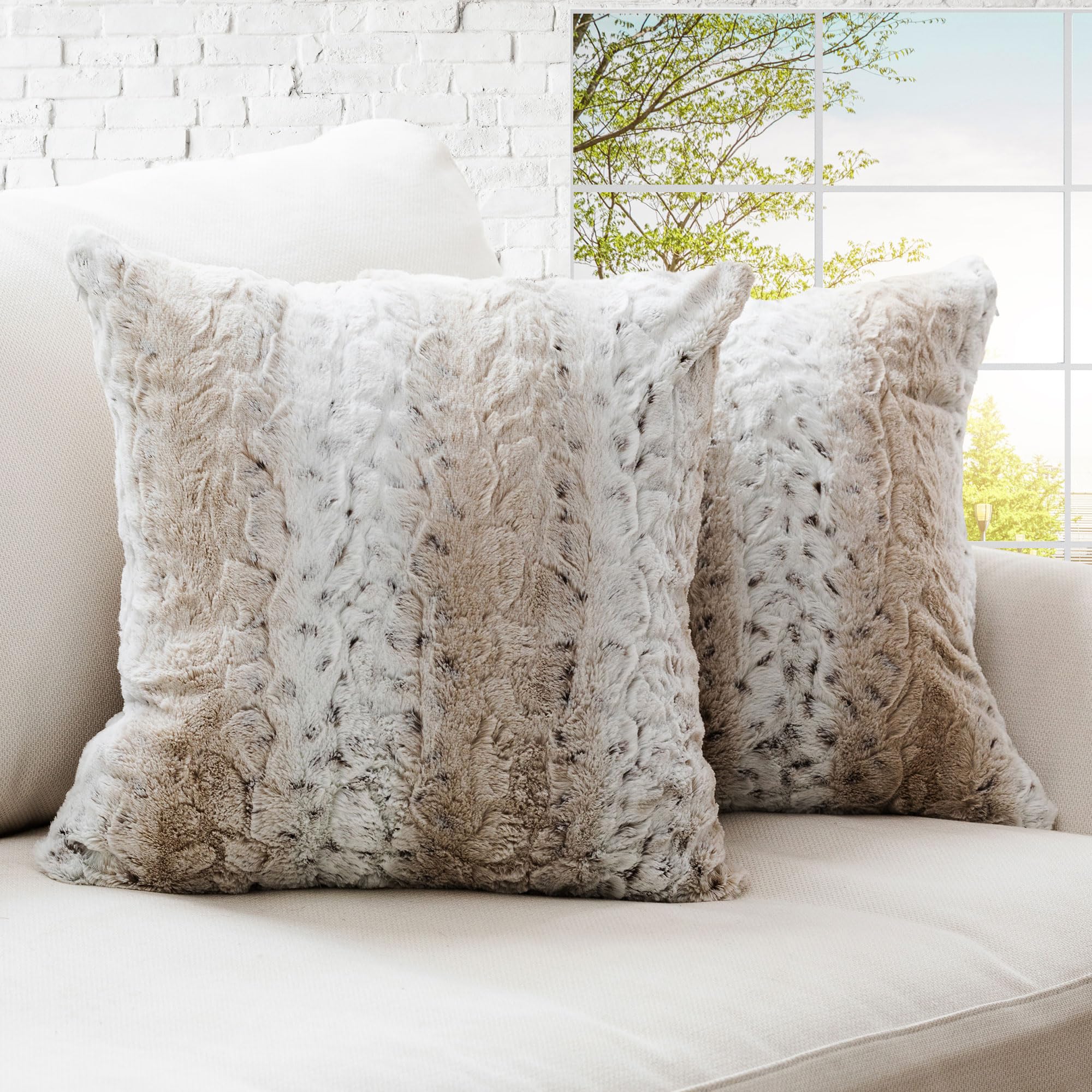 Photo 1 of Cheer Collection Embossed Faux Fur Throw Pillows - Set of 2 Lumbar Couch Pillows, 22" x 22" - Snow Leopard