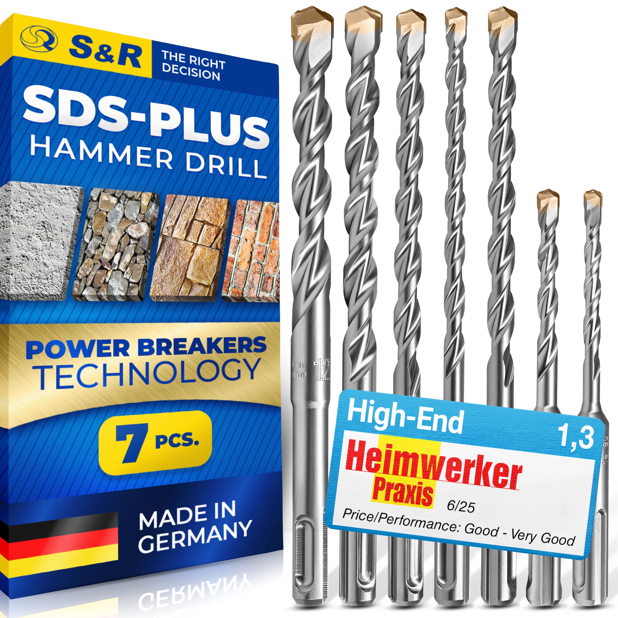 S&R SDS Plus Hammer Drill Bit Set (SDS Drill Bits Set) 7 pcs 5–12 mm – SDS Masonry Drill Bit Set for Concrete, Masonry, Stone & Granite – Made in Germany | Professional SDS Plus Drill Bits