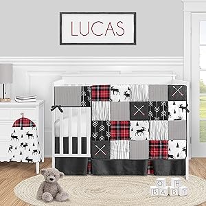 Sweet Jojo Designs Woodland Plaid Arrow Baby Boy Nursery Crib Bedding Set - 5 Pieces - Red and Black Moose Rustic Patch