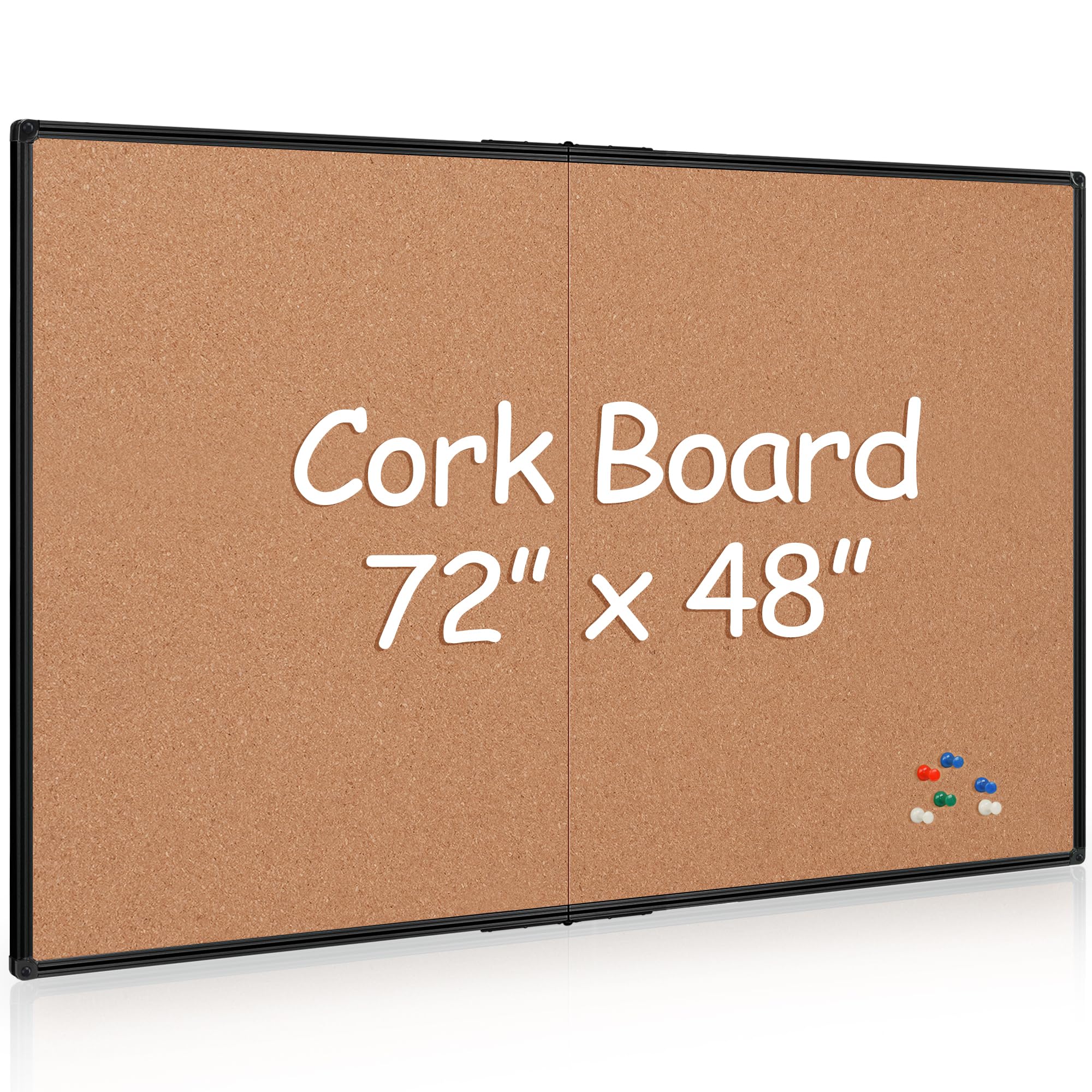 Board2by Extra Large Cork Bulletin Board 72" X 48", Foldable Notice Pin Board for Wall, Black Aluminium Framed 6'x4' Corkboard, Wall Mounted Noticeboard with 32 Push Pins for School, Home & Office Image