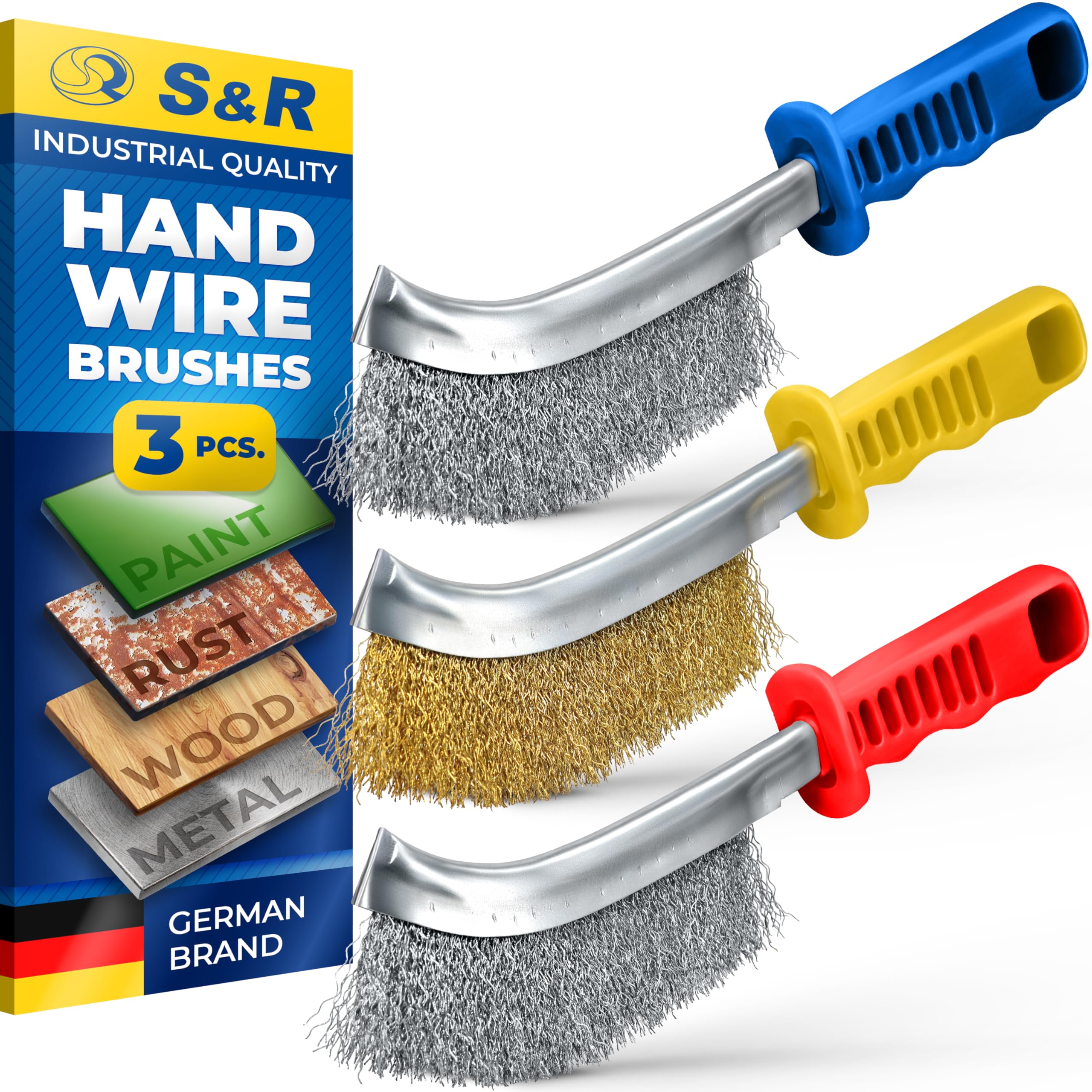 S&R Hand Wire Scratch Steel Brush Set 265mm / 125mm 3-piece: 1 steel brush, 1 brass brush, 1 stainless steel brush