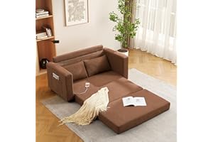 HOLYFIND Linen Folding Couch for Living Room Set Furniture, Convertible Futon Queen Sleeper Sofa Bed with Pullout -Side Pockets &2 USB Charging Ports Office Comfortable Cushions (Caramel)