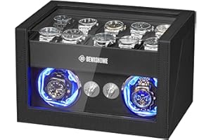 BEWISHOME Watch Winder for Automatic Watches, Double Watch Widner and 10 Watch Display Case with Led Light 4 Modes, Automatic Watch Winder Box with Japanese Quiet Motor Type-C Adapter, Black SYQ03B