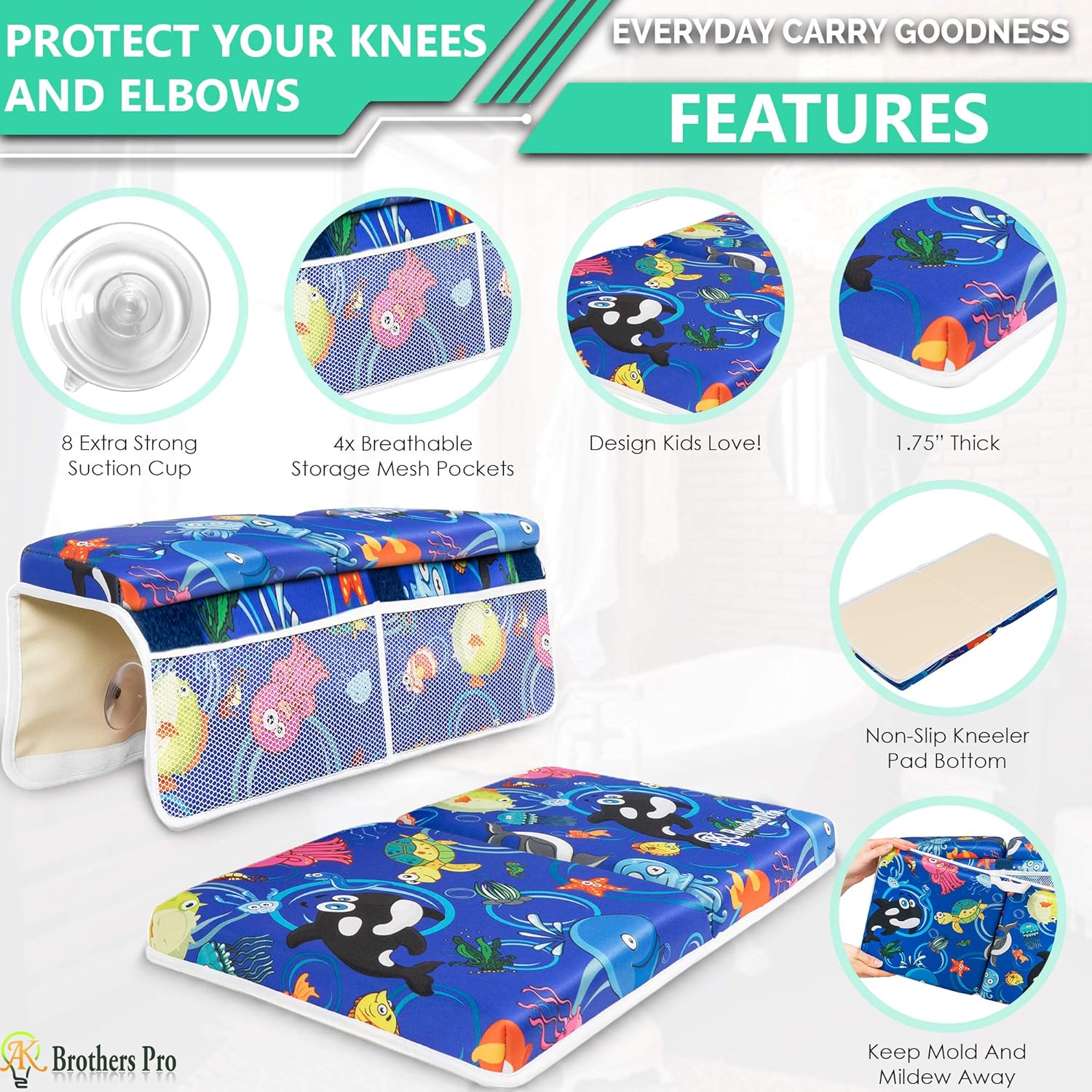 AK Brothers Bath Kneeler with Elbow Rest pad Set, Kneeling Mat with Three Extra Bonuses, Inflatable Spout Cover, Mesh Toys Organizer, 4 Colorful Decorative Tub Mats Toys in Tote Bag. Baby Shower Gift : Baby