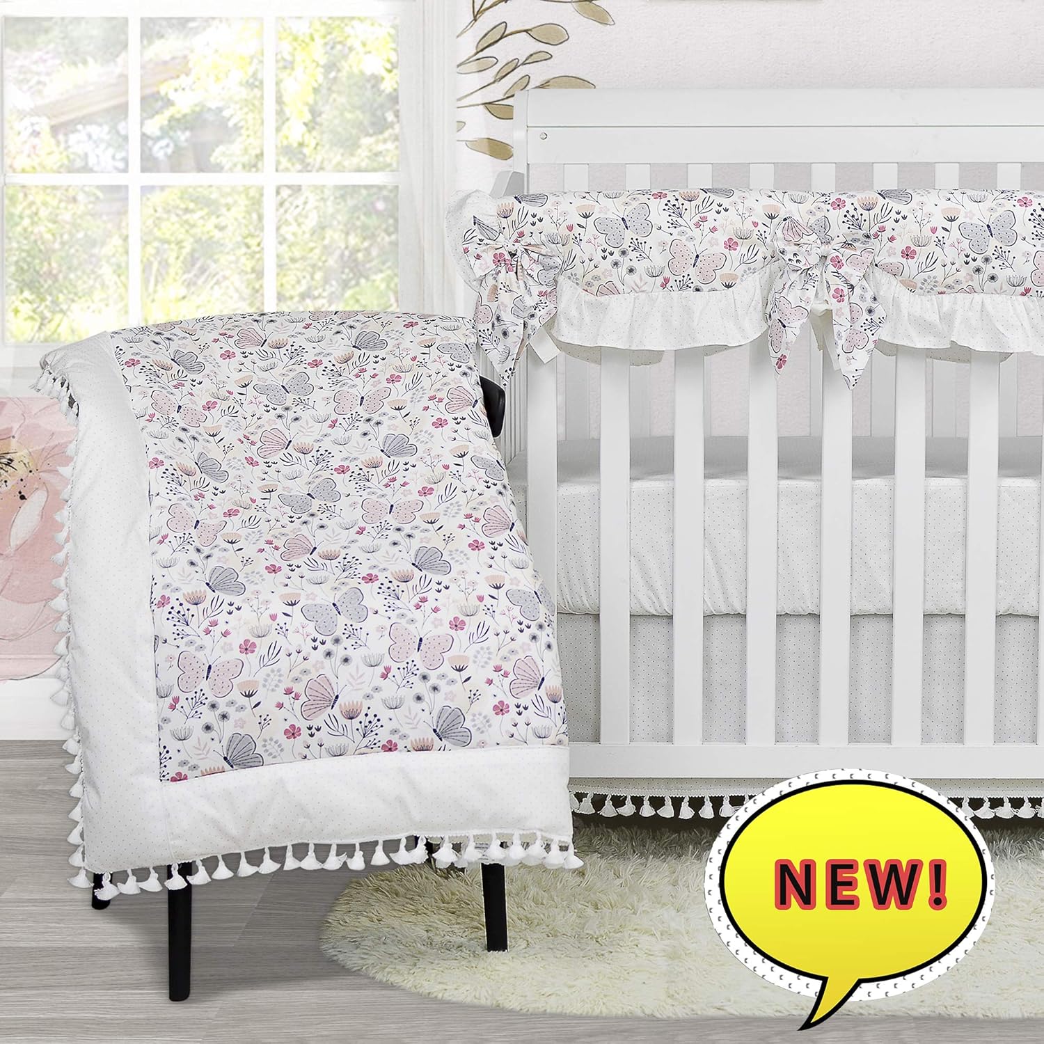 Brandream Baby Girls Butterfly Crib Comforter Sets Pink/White Infant Toddler Cotton Floral Blanket Girls Comforter with Tassel, Sweet and Elegant, 2019 New Design