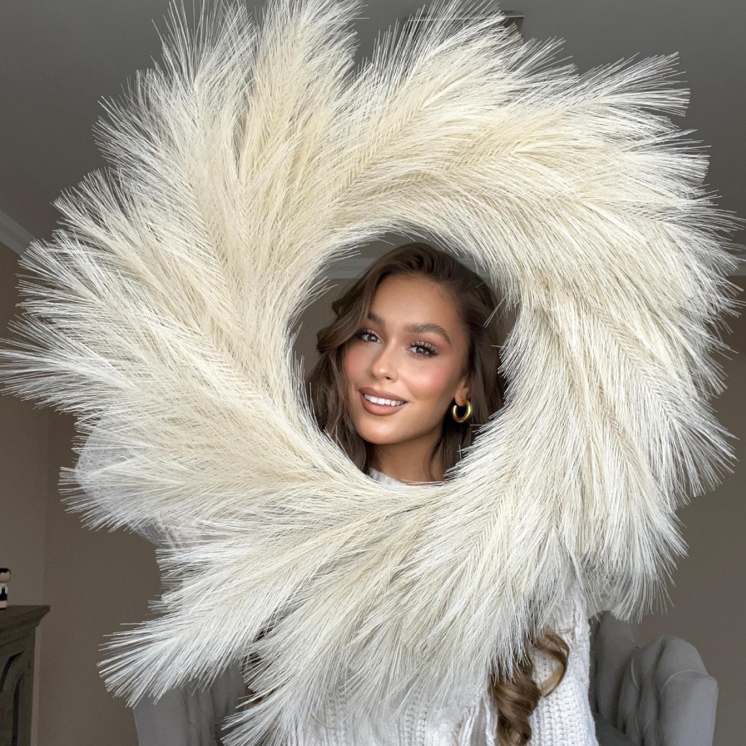 VOULUX Fluffy Artificial Large Faux Pampas Grass Boho Wreath - 27" Cream Feather Wreath For Front Door