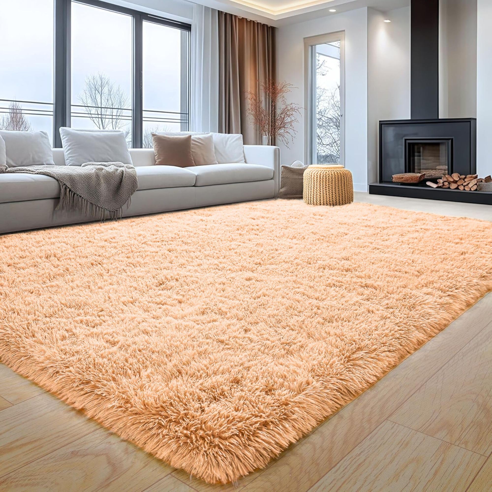 Aspire Homeware Fluffy Bedroom Rug – Beige Area Rugs 120x170 cm for Living Room Large Plush Carpet Modern Soft Shaggy Pile Faux Fur Rug for Home