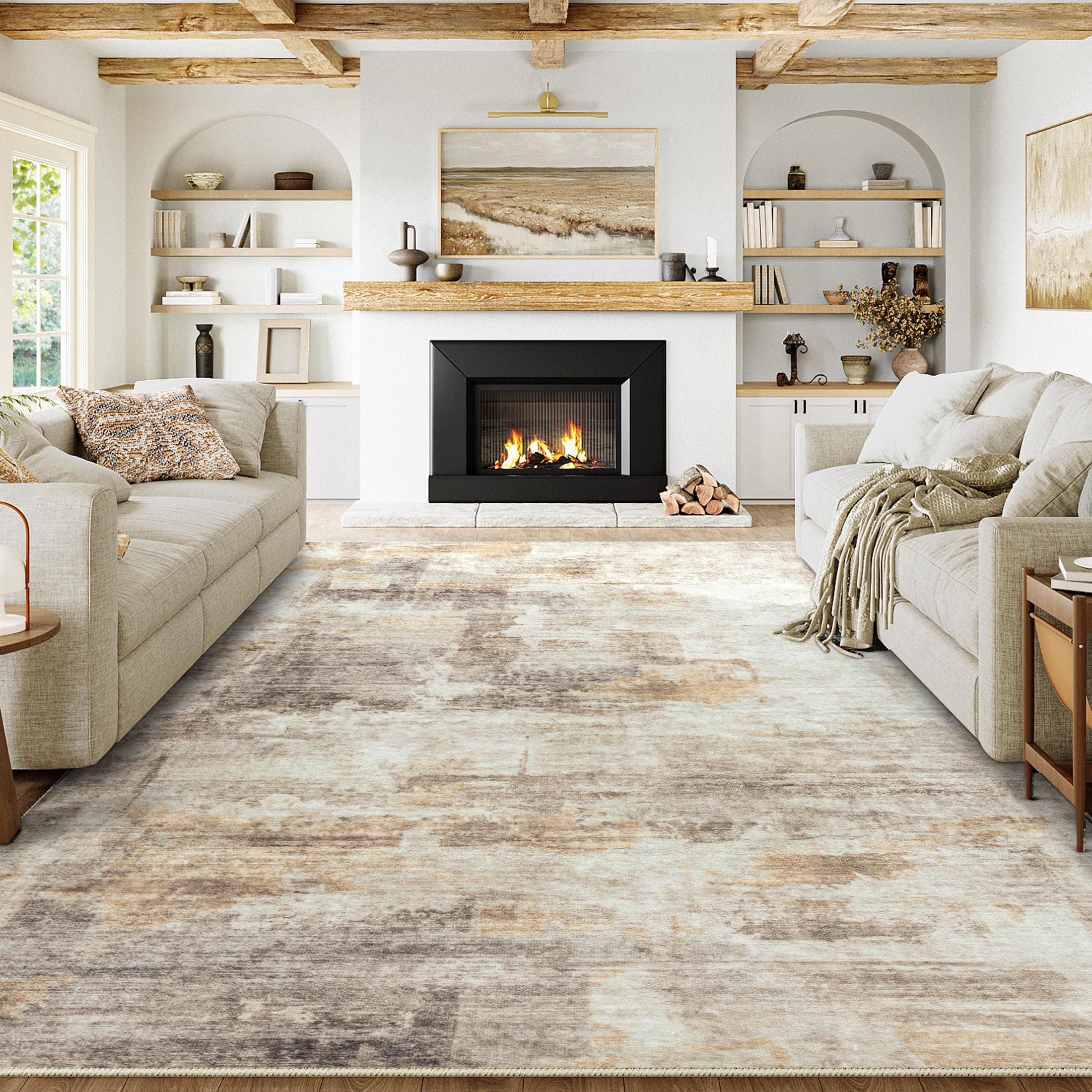WondRg 8x10 Washable Area Rug Grey Brown Abstract