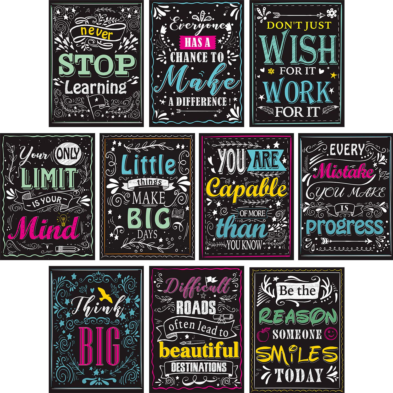Blulu 10 Pieces Motivational Wall Posters Inspirational Quotes Positive Posters for Educational 12 x 16 Inches Cardboard with Glue Point