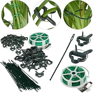 Relaxdays Pflanzenhalter, grün Set 110-teilig, stabile Pflanzenclips, Bindedraht mit Cutter, Rankhilfe Rosen, Tomaten, 110er Pack