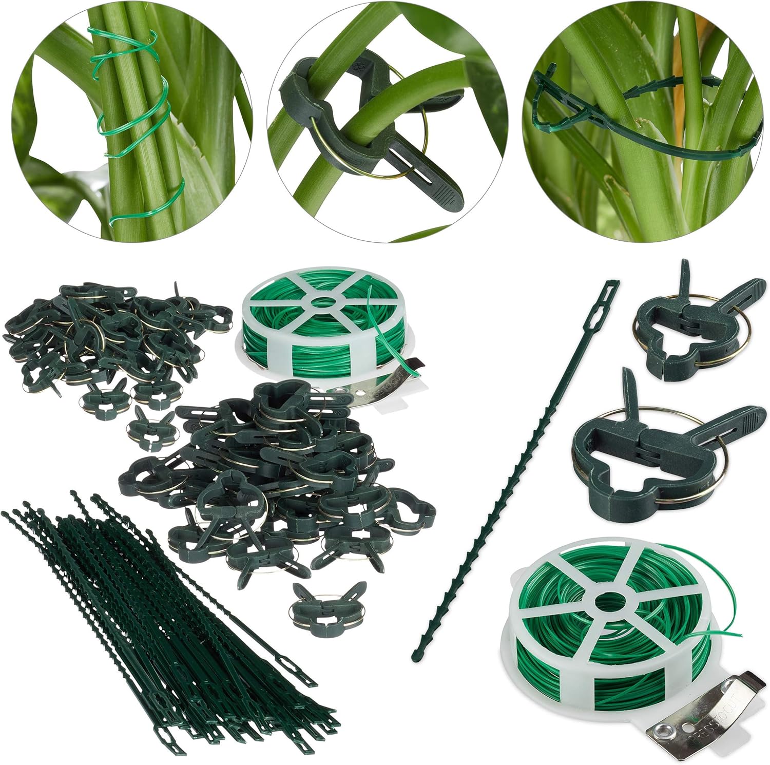 Relaxdays Pflanzenhalter, grün Set 110-teilig, stabile Pflanzenclips, Bindedraht mit Cutter, Rankhilfe Rosen, Tomaten, 110er Pack