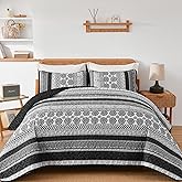 WONGS BEDDING Boho Quilt Set King Size, Grey Bohemian 3 Pieces Quilt Sets, Lightweight Bedspread Coverlet Bedding Set for All Season (104"x90")